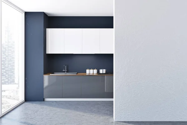 Loft Interior Cozinha Parede Preta Madeira Com Piso Concreto Branco — Fotografia de Stock
