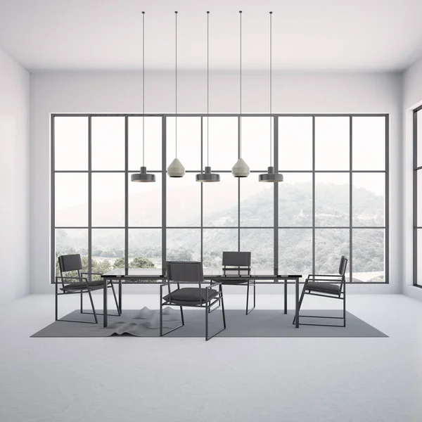 Gray dining room interior with a long table, black chairs, a concrete floor and rug. A framed poster on the wall. A panoramic window. 3d rendering mock up