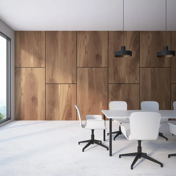 Konferenzraum Innenraum Aus Holz Mit Betonboden Einem Langen Weißen Tisch — Stockfoto