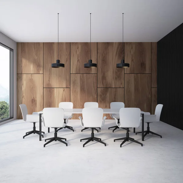 Wooden wall conference room interior with a concrete floor, a long white table with white chairs standing around it and large windows. 3d rendering mock up