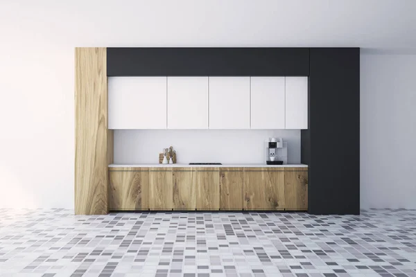 White Black Wooden Modern Kitchen Tiled Floor Bar Stools White — Stock Photo, Image
