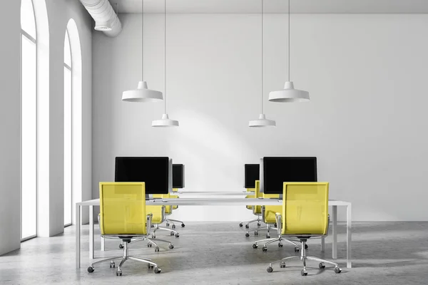 Minimalistic Office Interior Two White Tables Computers Them Yellow Chairs — Stock Photo, Image