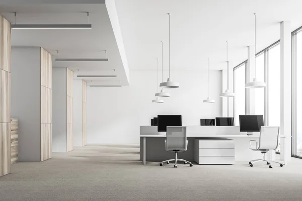 Modern Office Interior White Walls Loft Windows Concrete Floor Rows — Stock Photo, Image