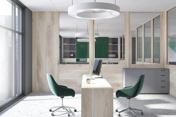 Gray and wooden CEO office interior with a white floor and a wooden computer table. Two black chairs standing near it. A side view. 3d rendering mock up