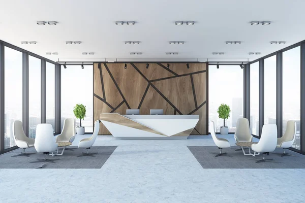 Modern panoramic office with wooden walls with a geometric pattern, a reception and two sets of armchairs and tables in a waiting area. 3d rendering mock up