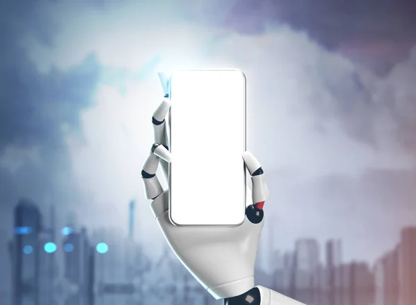 Ręce Robot Trzyma Mock Smartphone Tle Blue City Stonowanych Obrazu — Zdjęcie stockowe