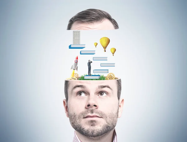 Close Bearded Young Businessman Head Education Icons Emerging His Head — Stock Photo, Image