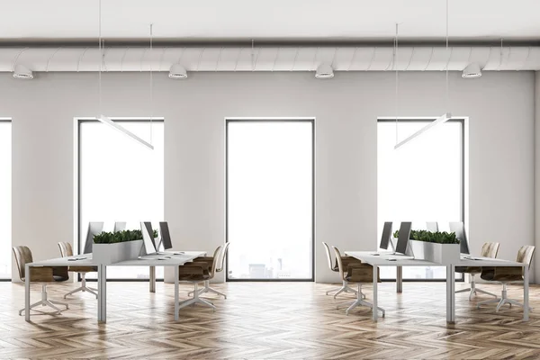 Eco style office interior with large windows, white walls and floor and rows of computer desks with wooden chairs. Flower beds. A side view. 3d rendering mock up