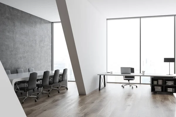 Gray office interior with a manager s desk and a row of chairs standing near a long table. 3d rendering mock up