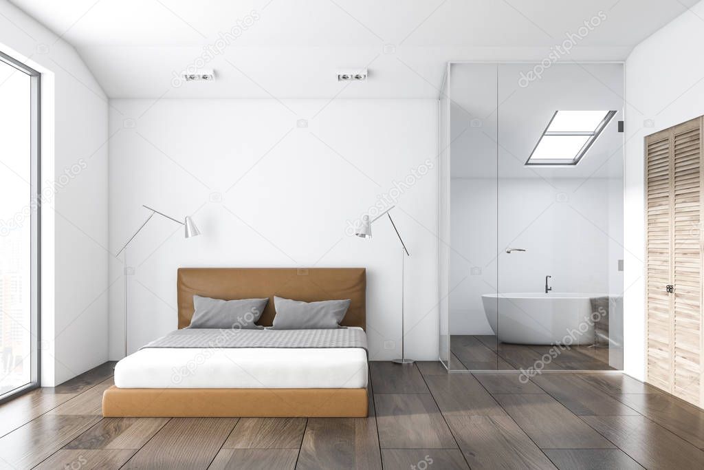 White loft window bedroom interior with a gray king size bed and a small bathroom in the background. 3d rendering mock up