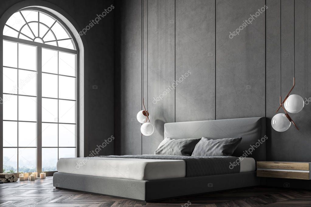 Gray arched window bedroom corner with a king size bed and a bedside table attached to the wall. 3d rendering mock up