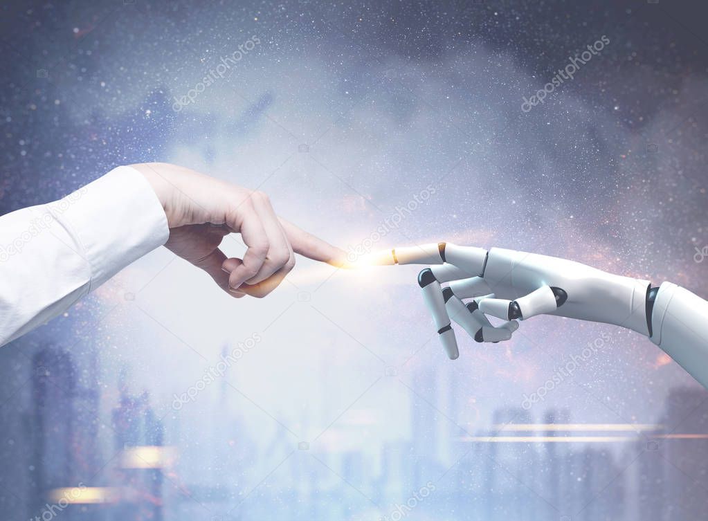 Human and robot hands reaching out and touching with index fingers. A blue cityscape background. Toned image double exposure. Elements of this image furnished by NASA