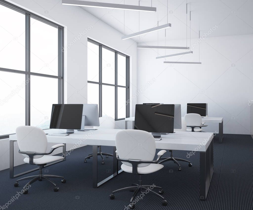 White table open plan office interior with large windows, white walls and a black floor and rows of computer desks. A front ivew. 3d rendering mock up
