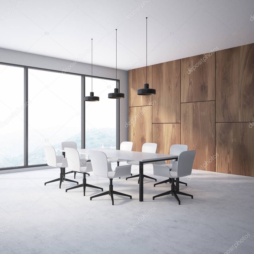 Wooden wall conference room corner with a concrete floor, a long white table with white chairs standing around it and large windows. 3d rendering mock up