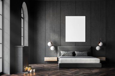 Gri kemerli pencere yatak, poster, önden görünüm