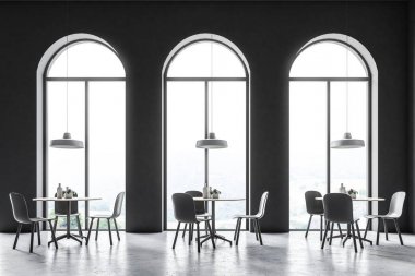 Koyu gri kemerli pencere kafe iç