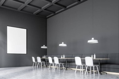 Koyu gri kanepe kafe iç, poster, yan görünüm