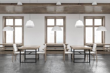 Beyaz duvar bar ahşap banklar ile