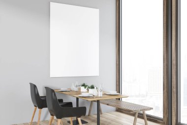 Ahşap masa ve poster panoramik Cafe