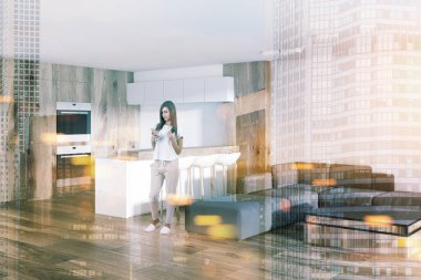 Beyaz mutfak stüdyo, tonda oturma odası yan görünüm