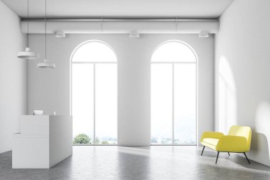 Beyaz kemerli pencere yazıhane, resepsiyonda koltuk