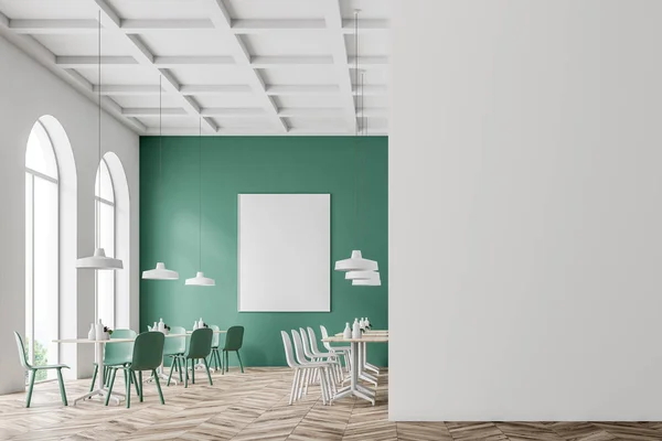 Café zielone i białe wnętrze, plakat makieta ściany — Zdjęcie stockowe