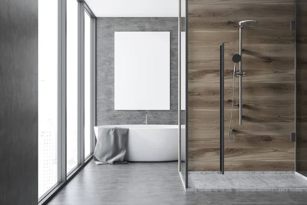 Salle de bain en béton et bois intérieur, douche — Photo