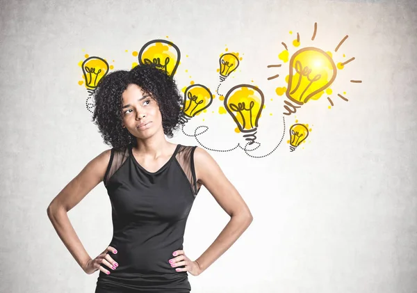 Pensive African American businesswoman bright idea — Stock Photo, Image