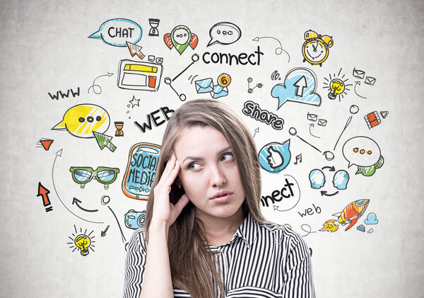 Pensive young woman portrait, social media