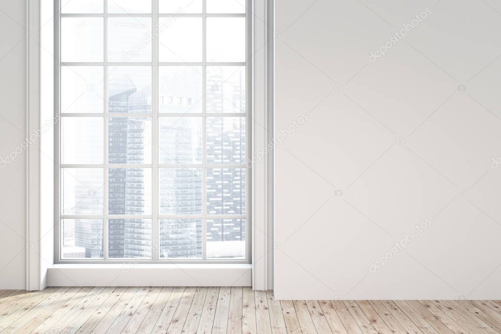 Empty white room with a window and cityscape