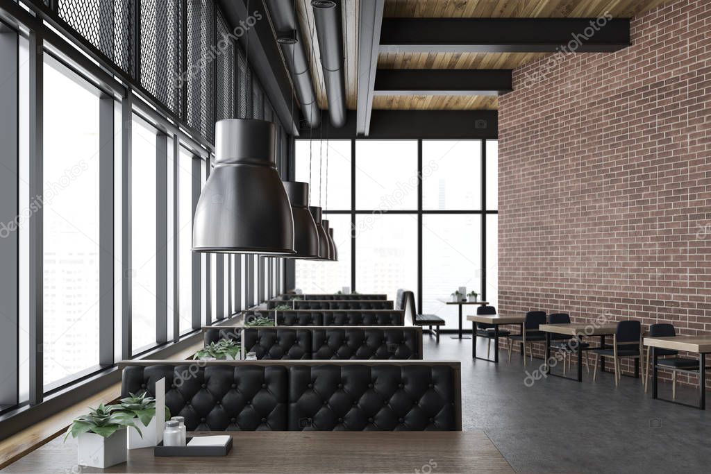 Luxury brick restaurant interior, leather sofas