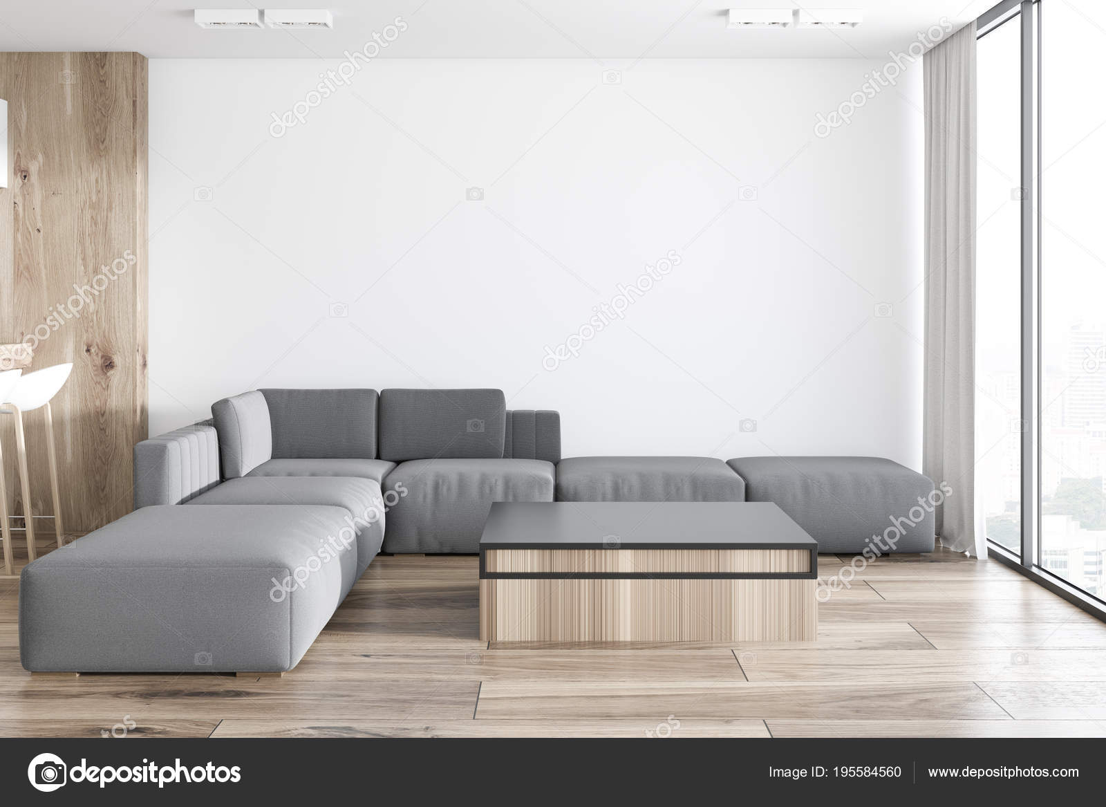 White Living Room In Studio Apartment Sofa Stock Photo