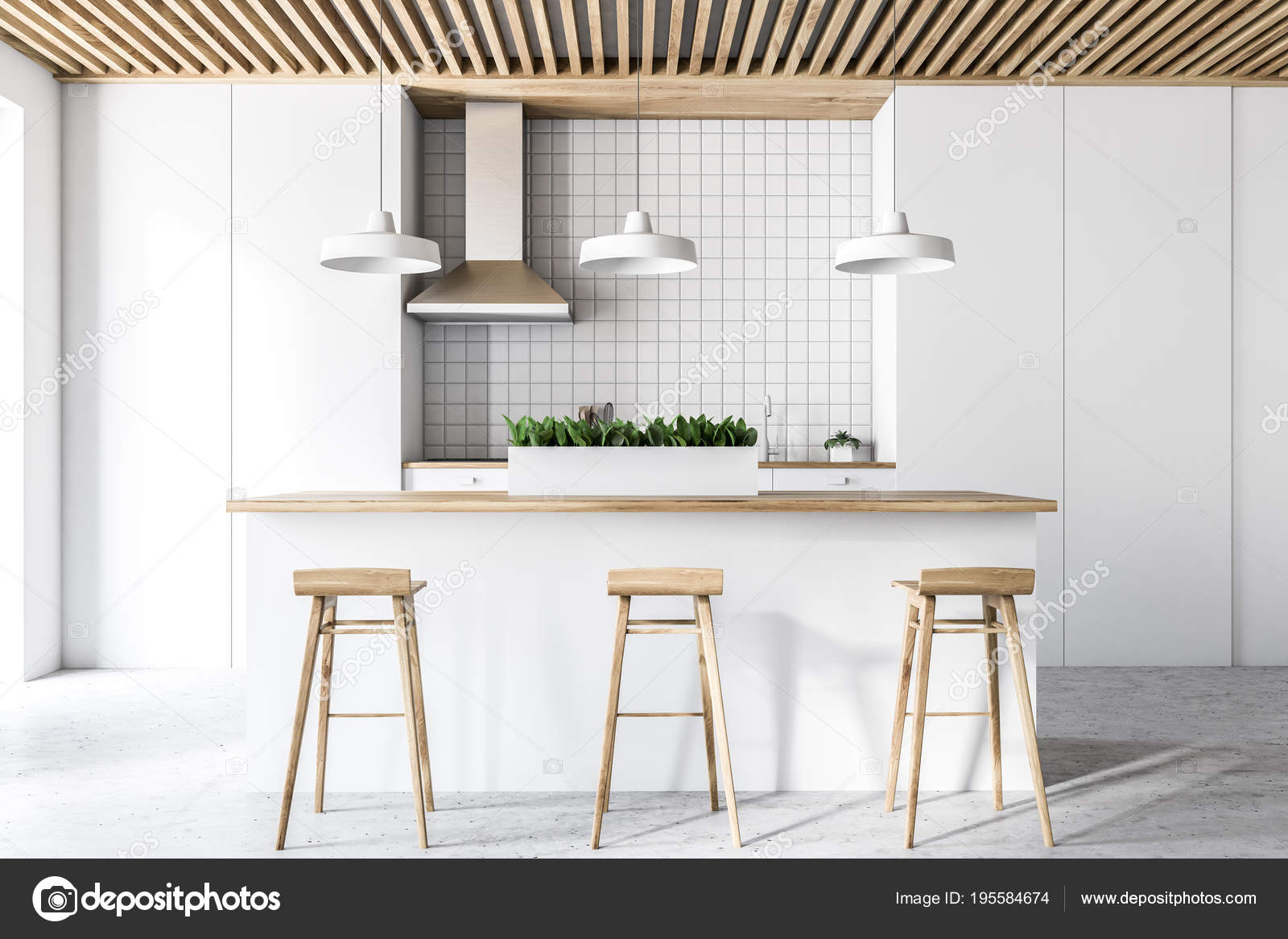 White and beige kitchen interior with bar Stock Photo by
