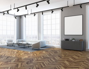 Beyaz gri oturma odası kanepe, poster yan görünüm