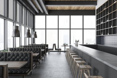 Beyaz tuğla bar iç, şarap raflar çatı