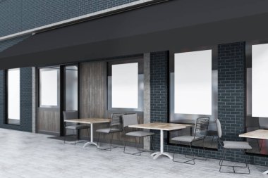Siyah tuğla ve ahşap restoran posterleri yan
