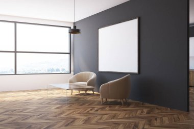 Gri oturma odası, iki koltuk, poster yan görünüm