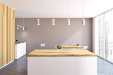 Gri ve ahşap lüks ev bar, yan görünüm