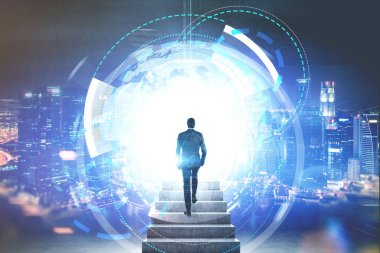 Portal, futuristik Hud arabirimi şehir giren adam