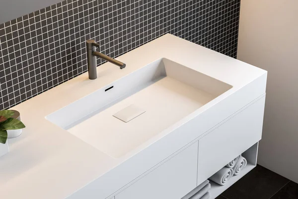 Black mosaic wall bathroom, double sink top view — Stock Photo, Image