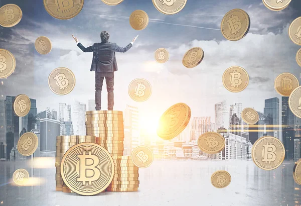 Happy businessman bitcoin rain cityscape — Stock Photo, Image