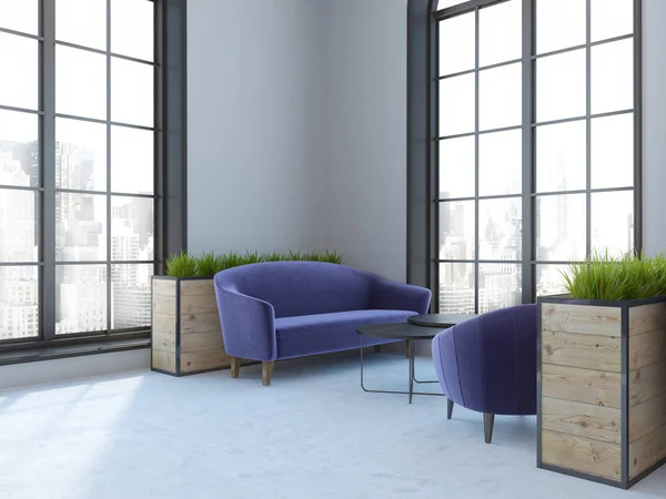 Loft cafe interior, purple sofas