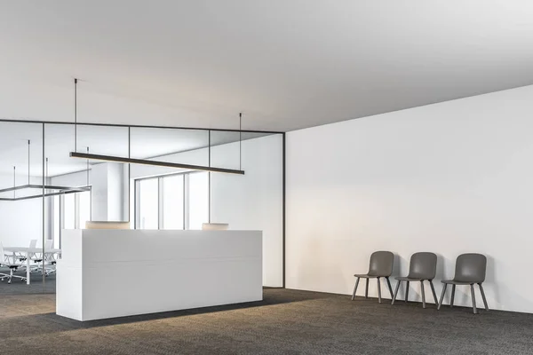 Rincón moderno del vestíbulo de oficina, recepción blanca —  Fotos de Stock