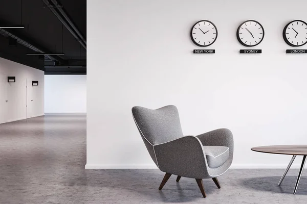 White wall office lobby with clocks close up — Stock Photo, Image
