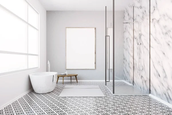 Wnętrze białe marmurowe łazienki, prysznic i plakat — Zdjęcie stockowe