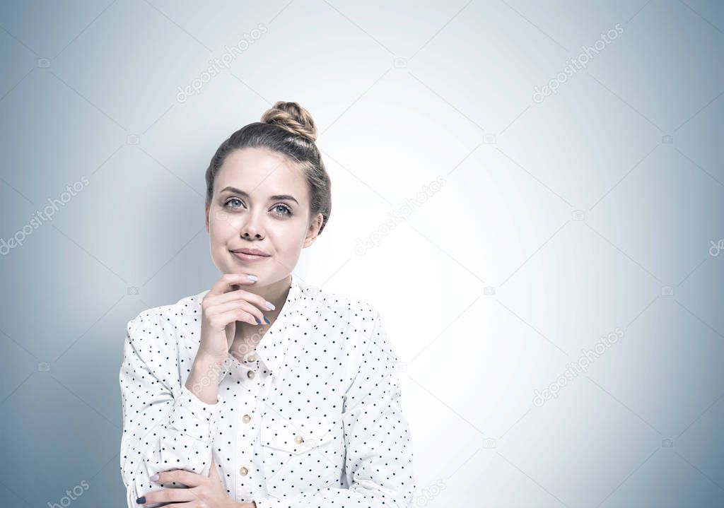 Smiling young woman dreaming, mock up