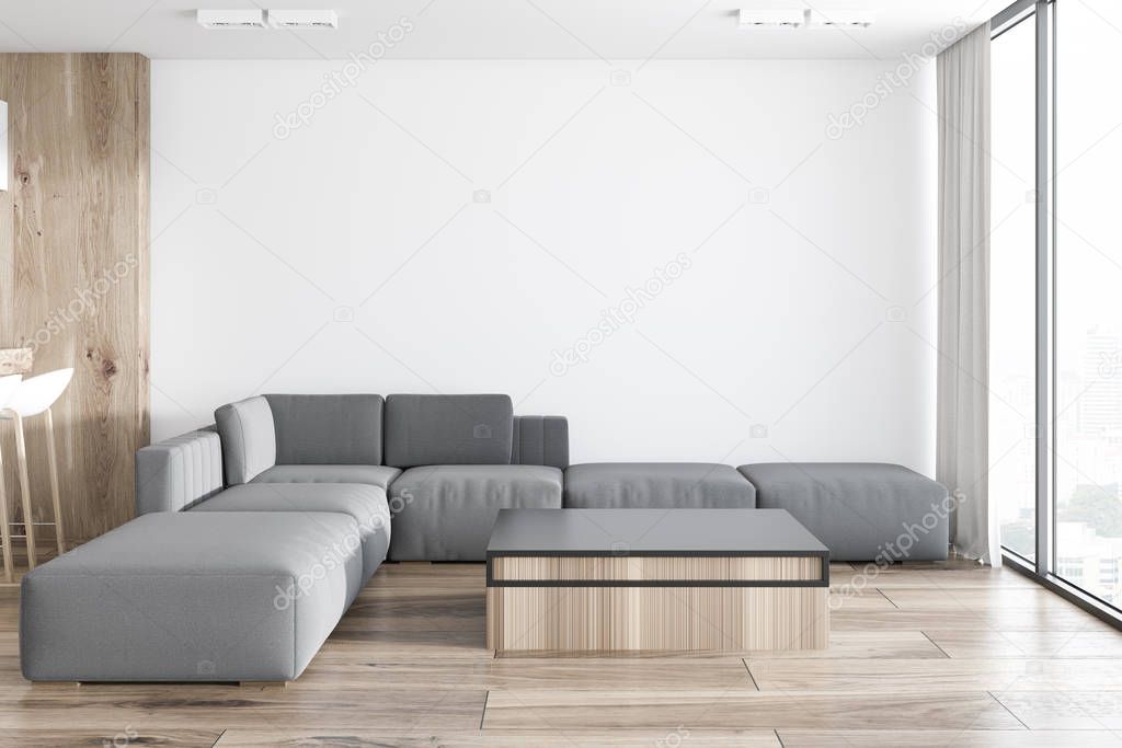 White living room in studio apartment, sofa