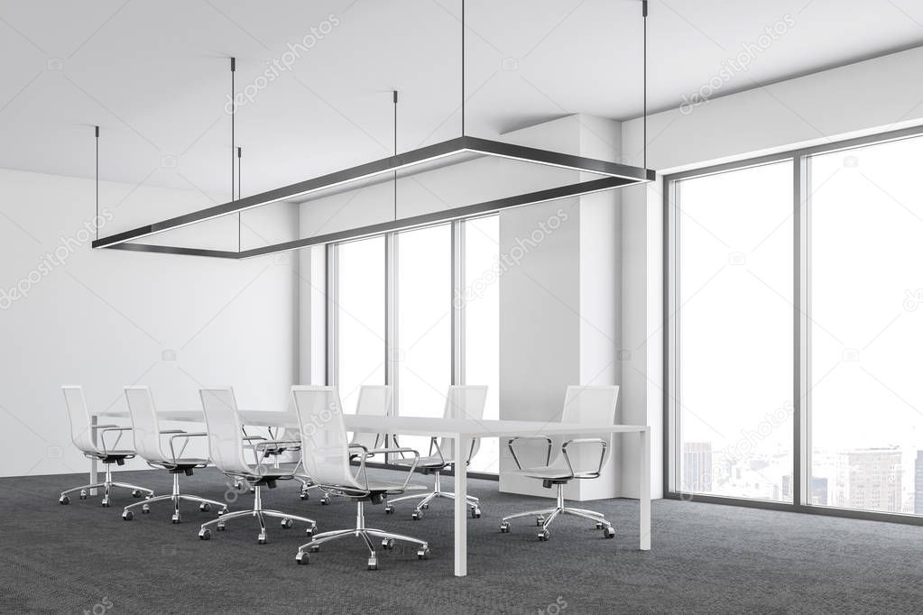 White ultra modern office meeting room side view