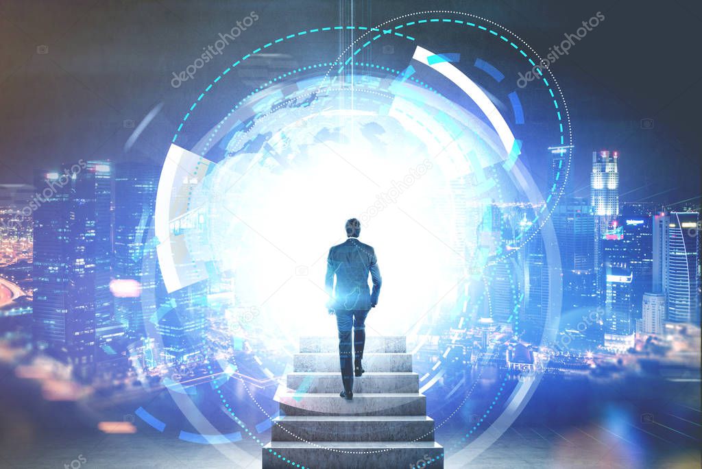 Man entering portal, futuristic HUD interface city