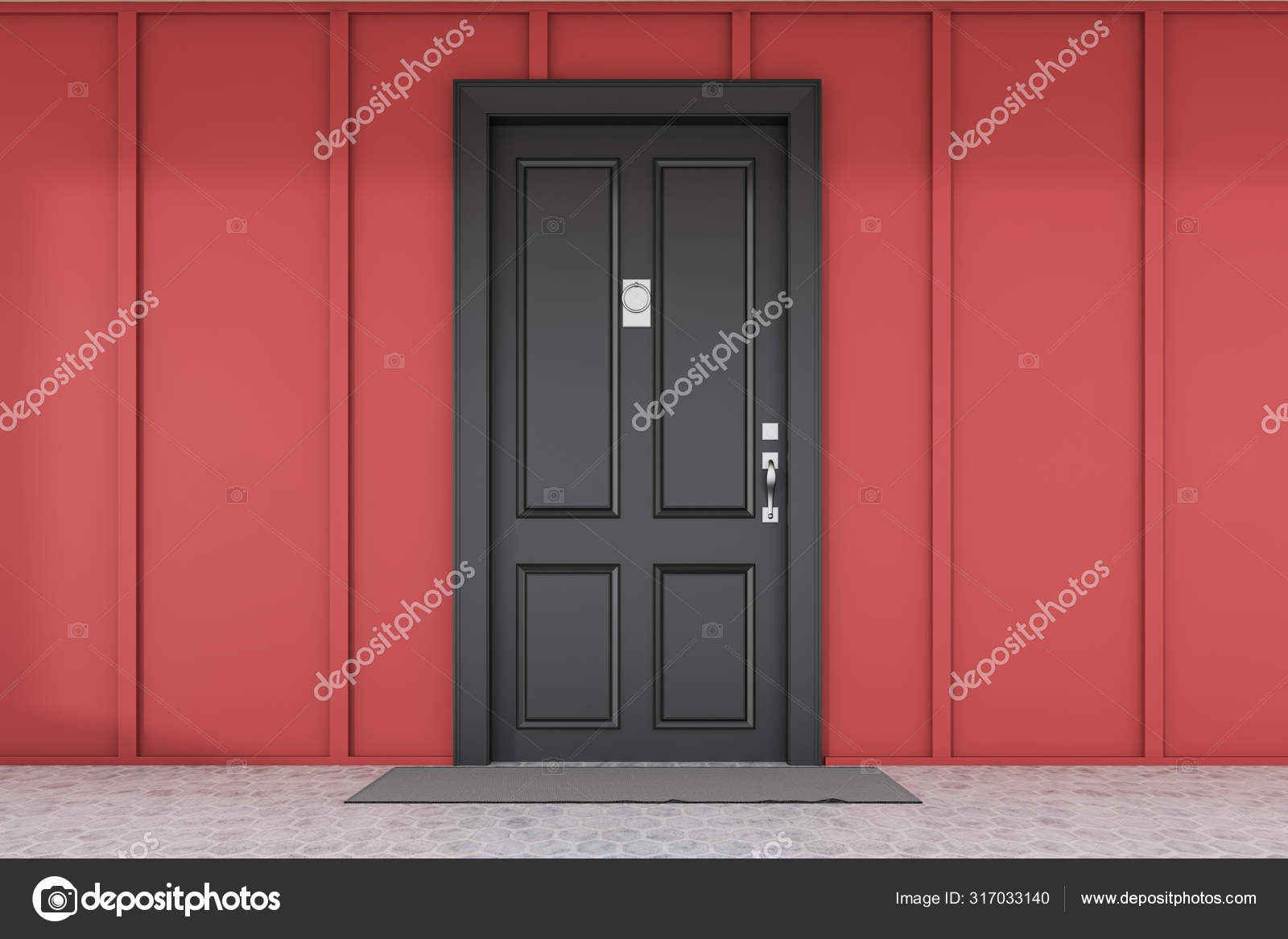 Black Front Door Of Red House With Mat Stock Photo